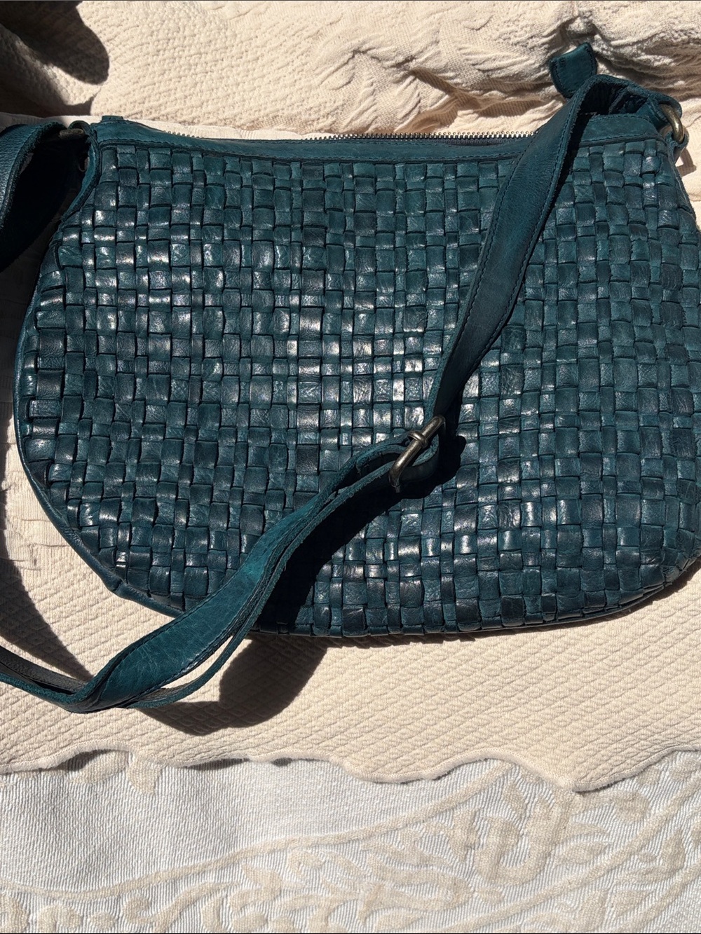 Woven Teal Leather Shoulder Bag - Women